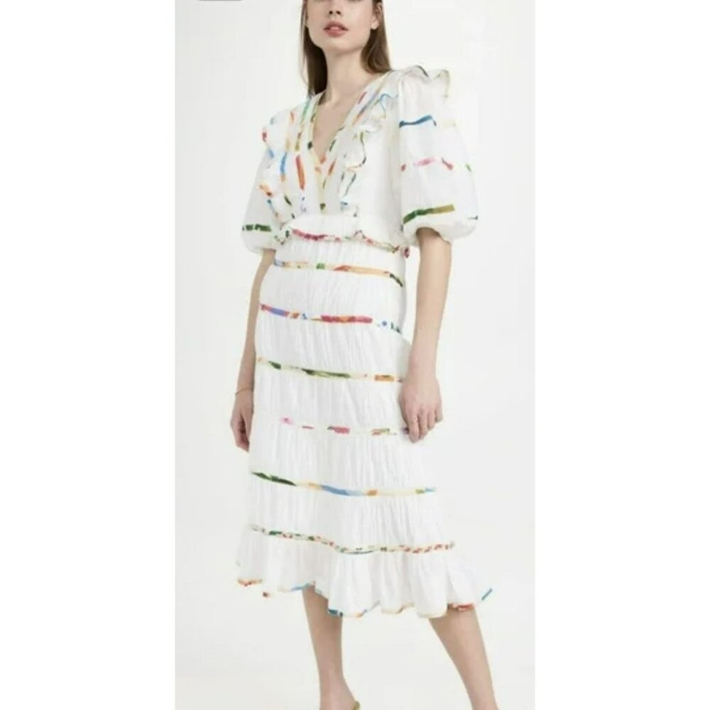 Farm Rio Tiered Off White Mixed Print Midi Dress Size Medium NWT